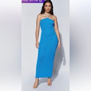 MESHKI Aryana Asymmetrical Straight Maxi Halter Knit Dress - Azure Blue